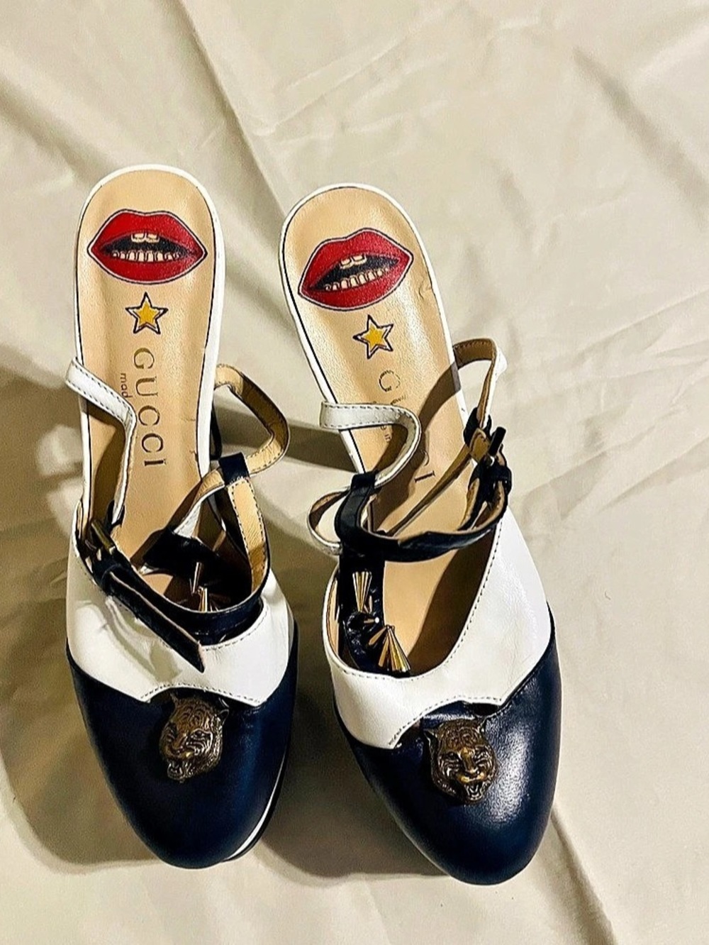 Gucci Angel Striped Platform Pumps Blue & White Heels